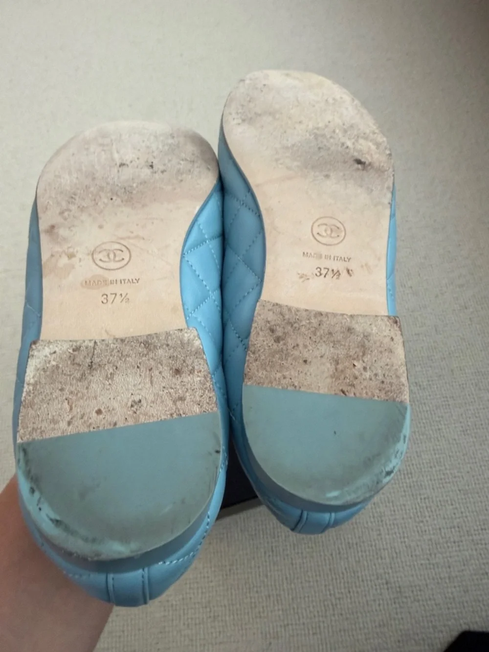 CHANEL Blue Quilted Leather Ballet Flats with Bow
